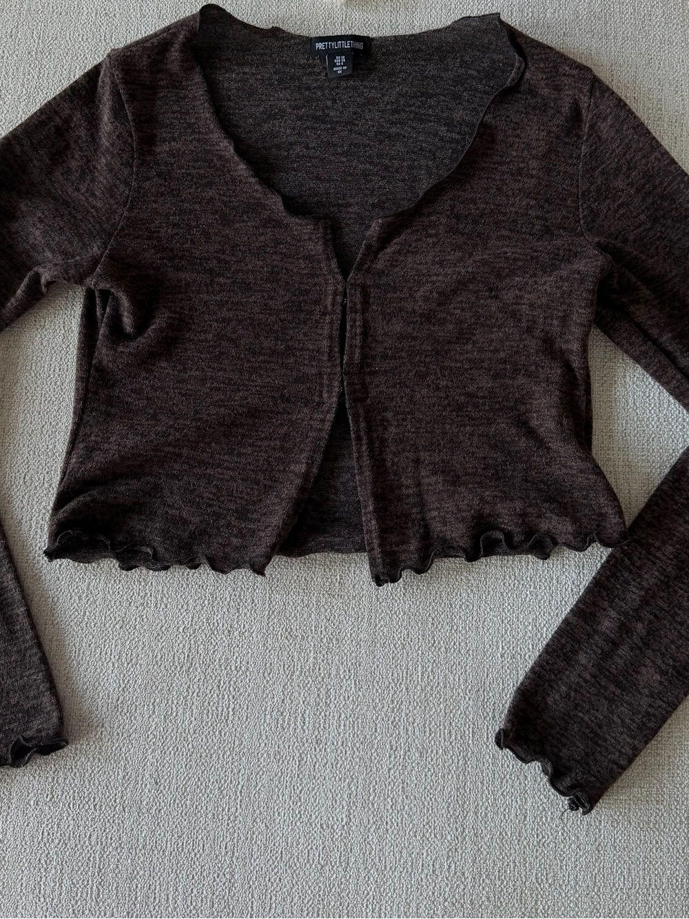 PrettyLittleThing Chocolate Brown Cropped Ruffle-Trim Cardigan